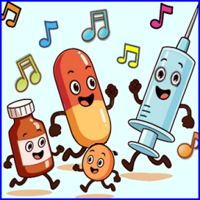 Small pill bottle dancing with small tablet & large capsule dancing with syringe to colorful musical notes & chords
